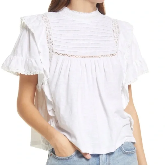 Free People Le Femme Ivory Ruffled Short Sleeve Tee L NWT - Picture 2 of 6